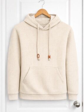 Men's Cream Waffle-Knit Pullover Hoodie Sz 2XL